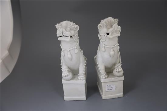 A pair of large Chinese blanc de chine Buddhist Lion joss stick holders, Dehua, Kangxi period, H. 34.5cm